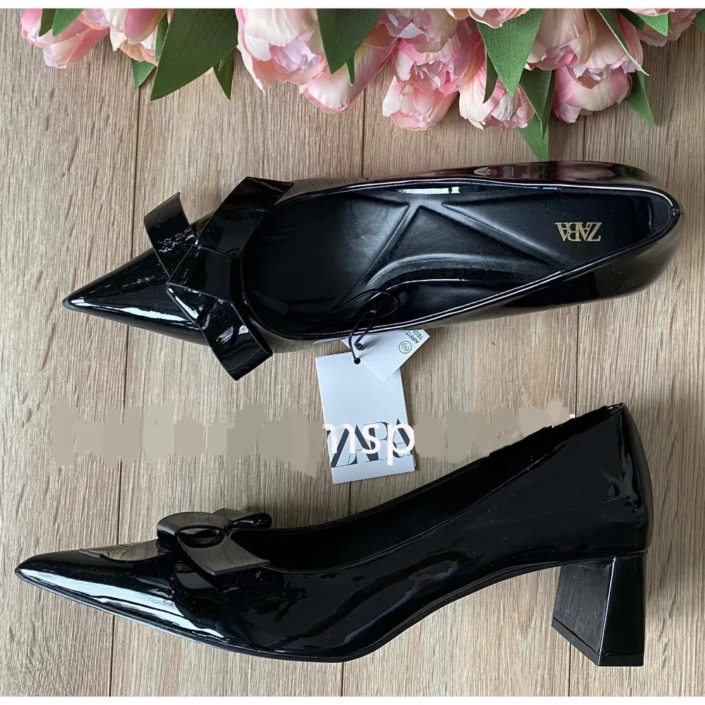 ZARA Black Patent Bow Pumps Pointed Toe Block Heel Office Shoes NWT 6.5